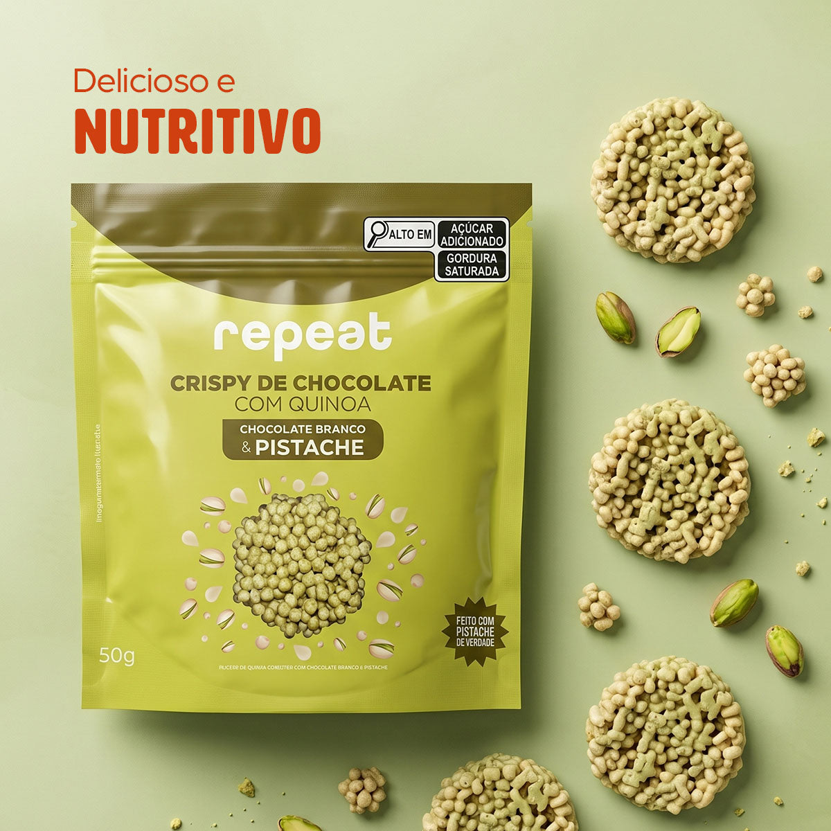 Crispy de Chocolate Branco com Quinoa, e Pistache