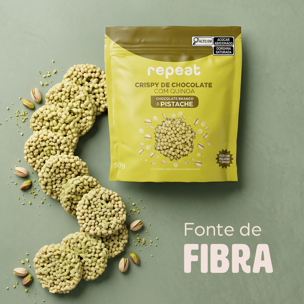 Crispy de Chocolate Branco com Quinoa, e Pistache