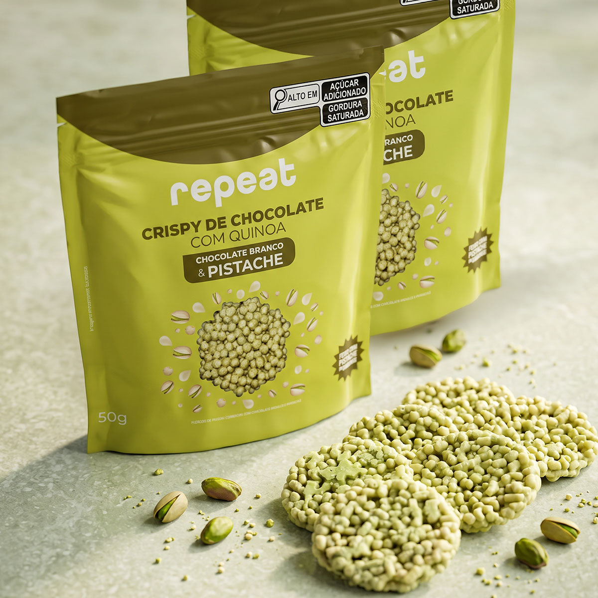 Crispy de Chocolate Branco com Quinoa, e Pistache